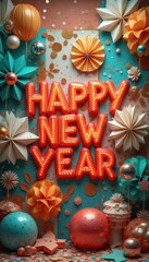 Festive New Year's Celebration with Balloon Lettering and Ornamental Decorations on a Colorful Background