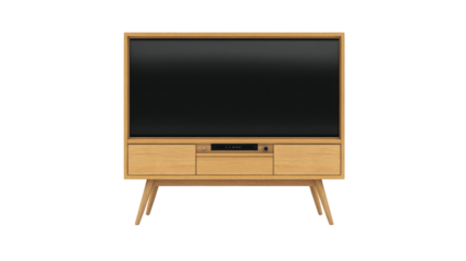 Modern wooden TV stand with a sleek black screen, set in a cozy living room with soft lighting and decorative elements