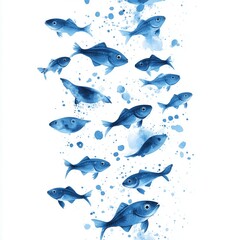 Fototapeta premium abstract illustration of a lot of small fishs, blue fishs, white background 
