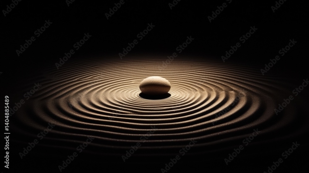 Poster a single sphere is captured in a moment of stillness, surrounded by concentric circles of sand, crea