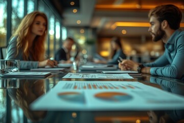 Close-up of financial reports on a glass table, with blurred colleagues in deep discussion in the background 