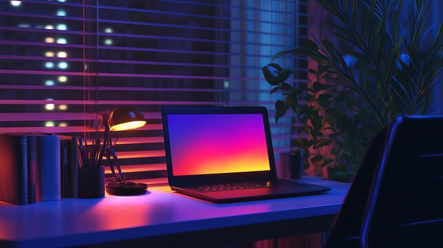 Laptop on desk with lamp books and plant against window blinds in vibrant neon lighting scene