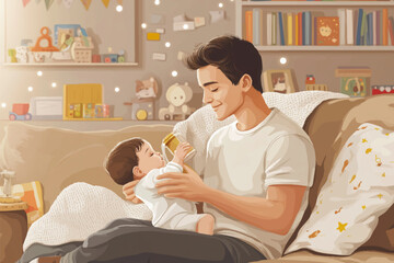 Warm vector illustration of young father feeding baby in cozy home environment