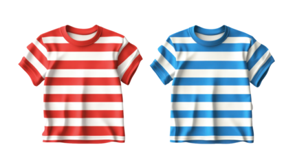 Two striped t-shirts in red and blue colors displayed side by side, perfect for casual wear or children's clothing