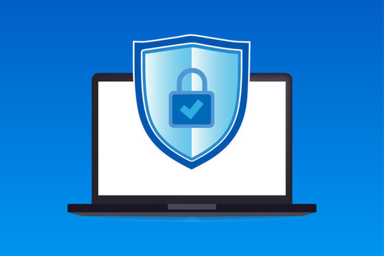 A shield with a lock icon on the computer screen. Modern vector illustration of web security.