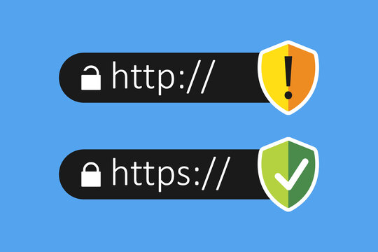 Browser address bars that display secure and insecure web addresses. Http and https - secure and insecure connections, ssl encryption.