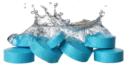 Blue Effervescent Tablets Dissolving: Several light blue effervescent tablets are dissolving in water, creating a dynamic splash and a flurry of bubbles. The scene is refreshing.