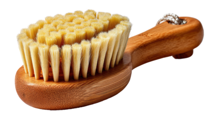 Natural Wooden Body Brush: A close-up image of a natural wooden body brush with soft bristles, perfect for exfoliating and stimulating circulation. The brush is isolated on a white background.
