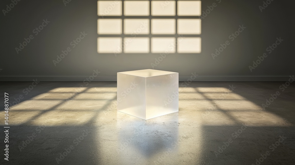Poster a cube-shaped light source in a minimalist room.