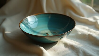 Beautiful Turquoise Ceramic Bowl with Rustic Brown Rim Resting on Soft White Textured Fabric