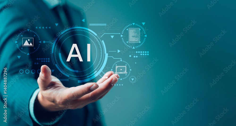 Poster artificial intelligence concept with ai interface on digital hud. businessman presenting futuristic 