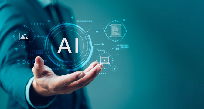 Artificial Intelligence concept with AI interface on digital HUD. Businessman presenting futuristic AI technology innovation for data, automation, and machine learning.