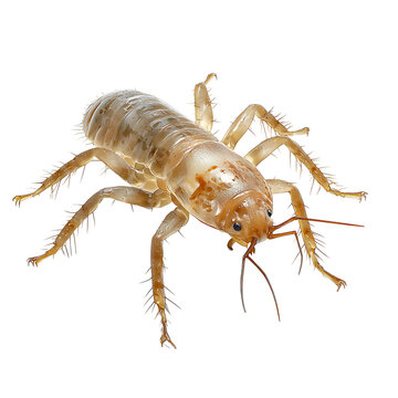  highly detailed illustration of a barklouse insect viewed from the front with segmented body, long antennae, and thin spiny legs, isolated on a transparent background