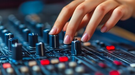 Close-up of female hands adjusting audio mixing console controls.