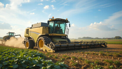 Obraz premium Modern Harvesting Machinery Working in a Sprawling Agricultural Field During the Day With Clear Blue Skies Above