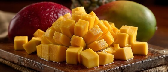 Diced Mango on Wooden Board.