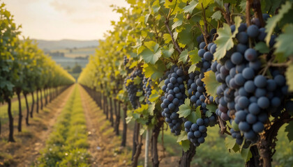 Naklejka premium Vineyards With Ripe Grapes Under Golden Sunlight in a Serene Landscape During Late Afternoon Hours Showcasing the Harvest Season