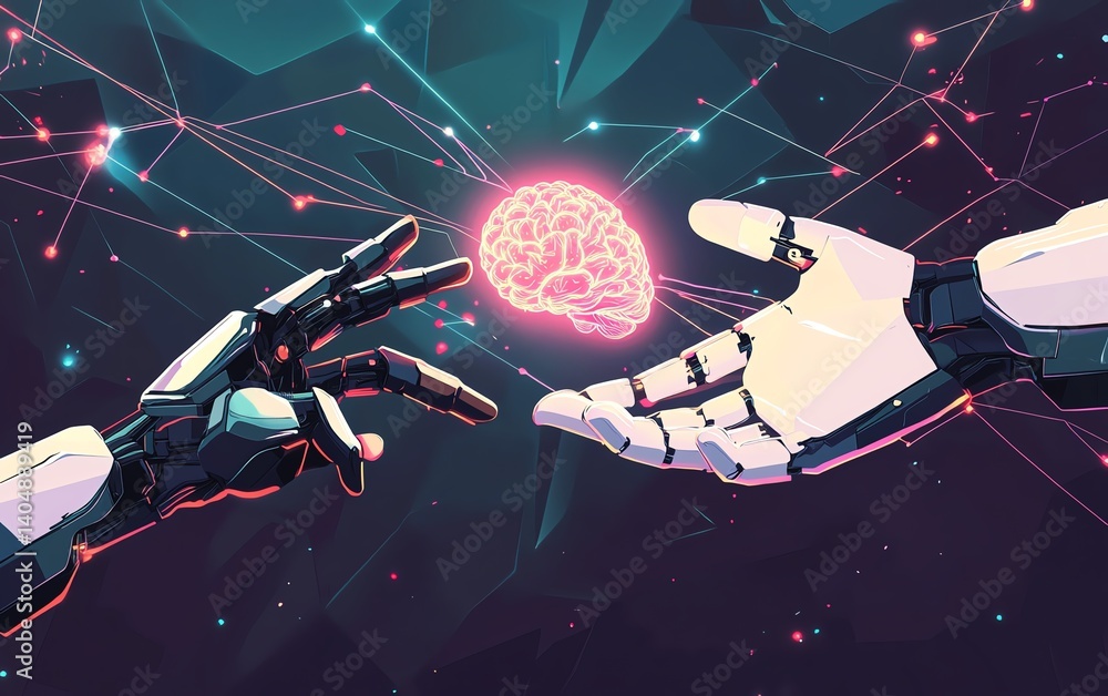 Poster robot and human hands touching big data network, brain data creative inside a light bulb, ai and mac
