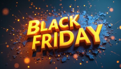 Bold yellow Black Friday text on dark background surrounded by colorful powder and glowing light particles