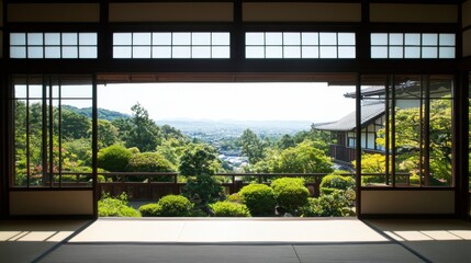 A traditional Japanese garden with a wooden fence and a view of the city.