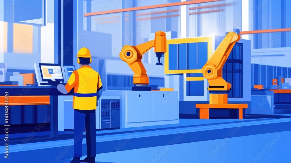 Poster worker operating computer in a modern factory with robotic arms and machinery in background