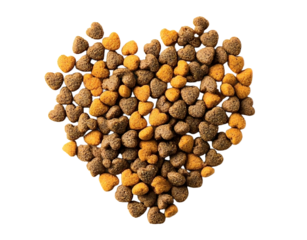 Top view overhead pet dog cat food kibble feed pellet heart shape isolated on white backgroung