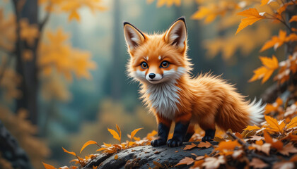 Adorable fox in a playful mood standing on a rock surrounded by autumn foliage