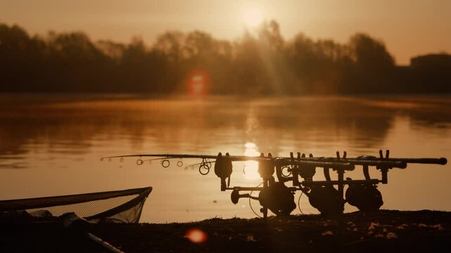 Carp fishing rods at sunrise lakeside angling scene