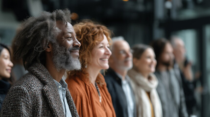 Obraz premium Cheerful interracial group of diverse people participating in a gathering at an indoor venue during daylight hours