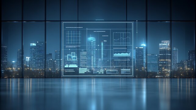 Modern cityscape view overlaid with digital data visualizations.