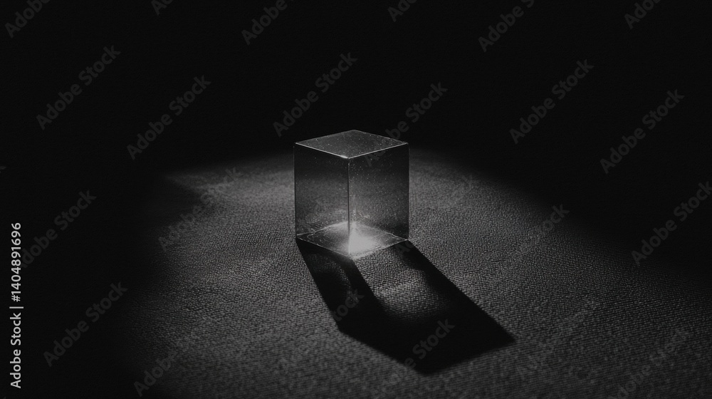 Poster a cube-shaped object casts a shadow on a dark surface.