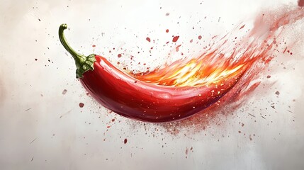 A vibrant red chili pepper engulfed in flames with a fiery explosion effect on a light background