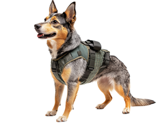 A loyal dog wearing a tactical harness, standing proudly against a white isolate background.