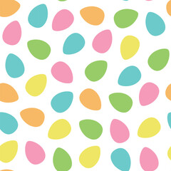 Vector seamless pattern with pastel-colored egg shapes on a clean white background. Ideal for Easter-themed designs, spring decorations, kids graphics, nursery prints, or festive wrapping paper. 