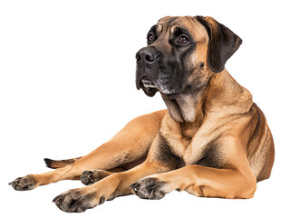Obraz premium A majestic dog lying down with a focused expression on a white isolated background.