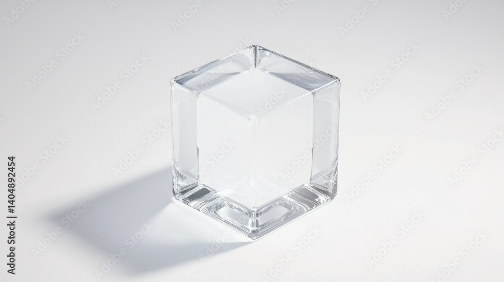 Poster a transparent cube with a square base and a rectangular top sits on a white background.