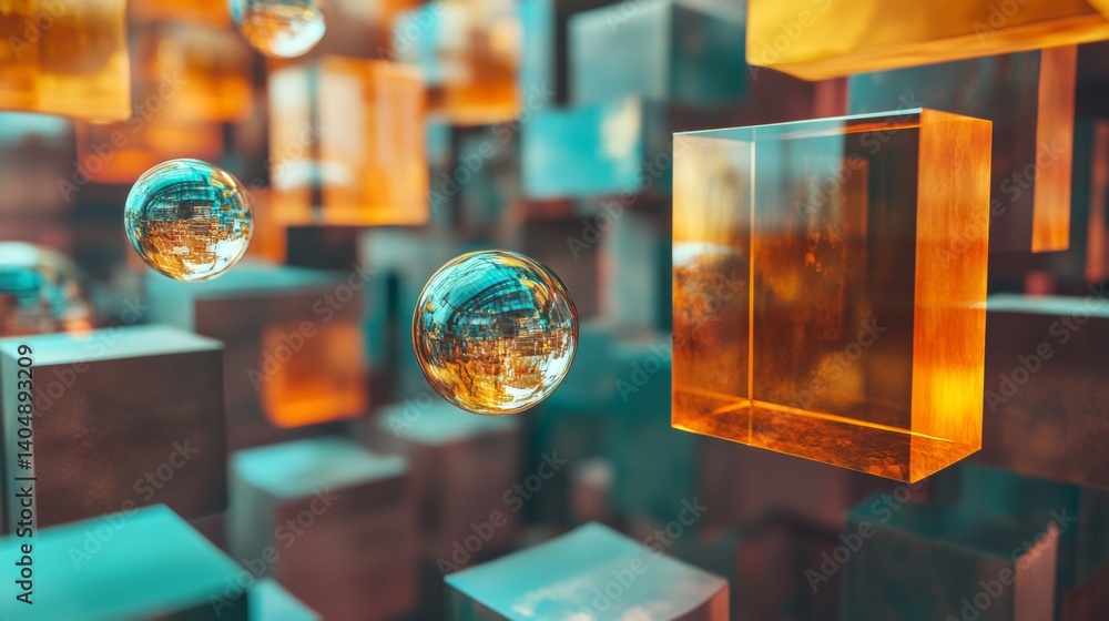 Poster abstract 3d render with floating glass cubes and orbs