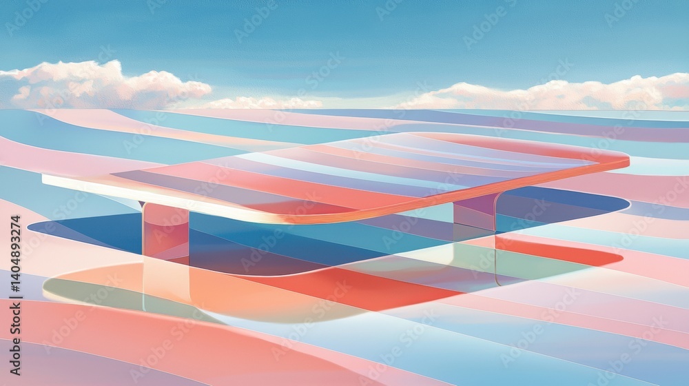 Poster a surreal landscape with a table in the foreground and a sky with clouds in the background.