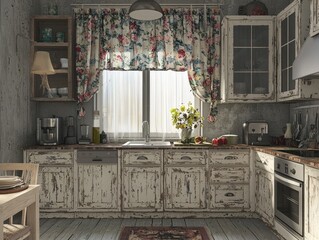 Cozy, vintage-style kitchen with distressed cabinetry, floral curtains, and natural light creating a warm, inviting atmosphere.