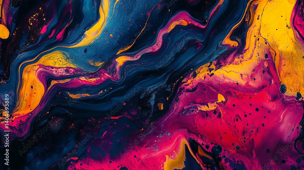 Poster abstract fluid art with swirling patterns of blue yellow and pink color creating a dynamic design