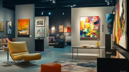 Modern art gallery with contemporary paintings and furniture