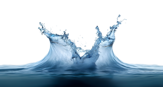 A dynamic water splash erupts from the surface, creating a crown shape against a gradient blue sky fading to white. The water transitions from deep to light blue.