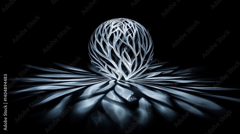 Poster a white sphere with a black outline is centered in the image, surrounded by a black background and i