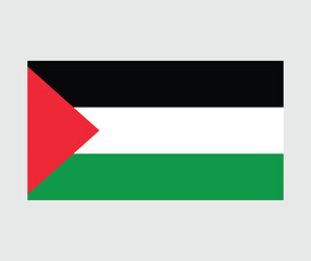  The official flag of Palestine featuring horizontal black, white, and green stripes with a red triangle, displayed on a light gray background.