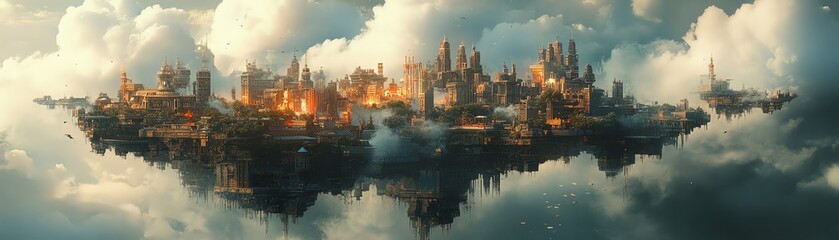 Naklejka premium A surreal cityscape featuring impossible architecture, floating in warped cubic dimensions, blending reality and imagination.