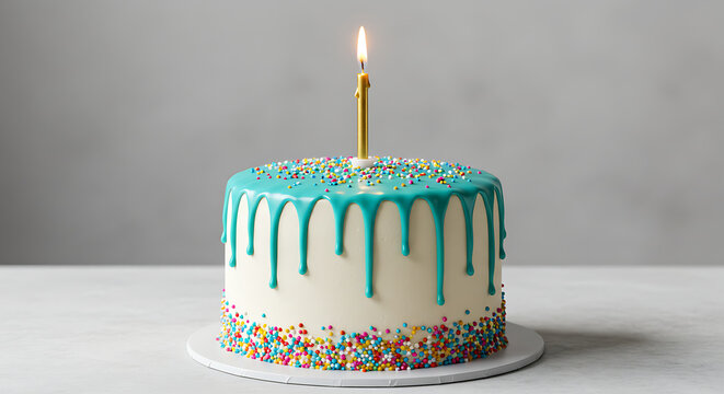 Teal Drizzle Birthday Cake: One Candle's Wish AI Generated
