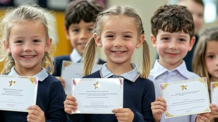 Joyful children proudly display trophies and certificates at a vibrant school awards ceremony, celebrating their achievements.