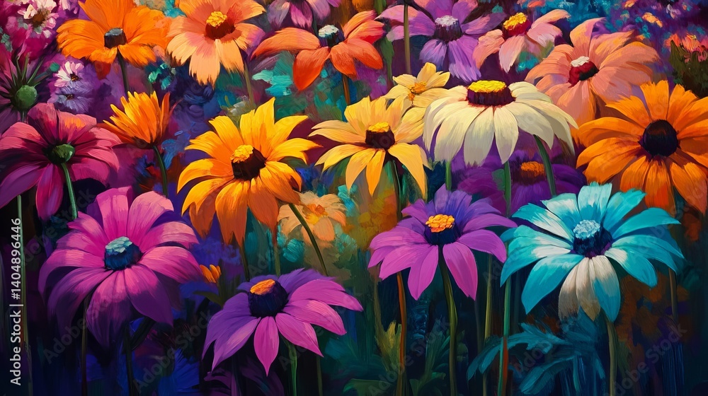 Poster artistic rendering of a vibrant field of colorful daisies in full bloom under a bright light source