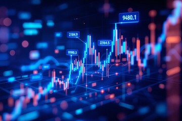 Abstract digital stock chart with glowing candlesticks and numerical data, futuristic graphic style on a blue background, concept of finance and business. Ai generative