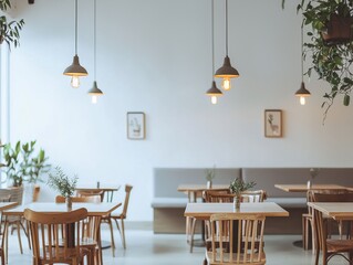 Fototapeta premium Bright, airy restaurant with wood tables, hanging lights, and plants. A modern and inviting space for dining and relaxation.